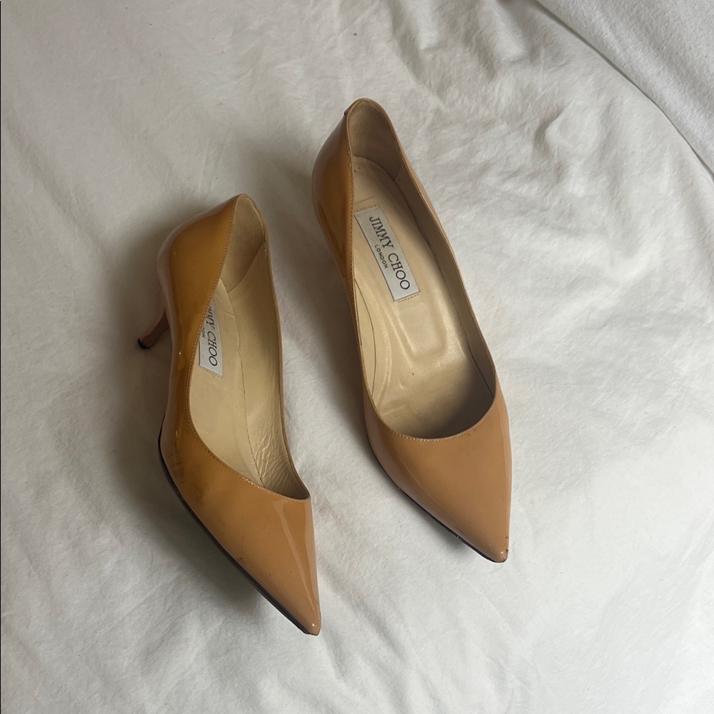 Jimmy Choo Tan Patent Kitten Heels